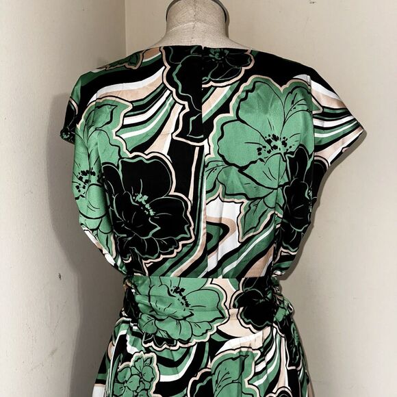 NWT Anne Klein Floral Green Black White Belted Midi Dress Women's Size 4 $139 - Picture 9 of 15